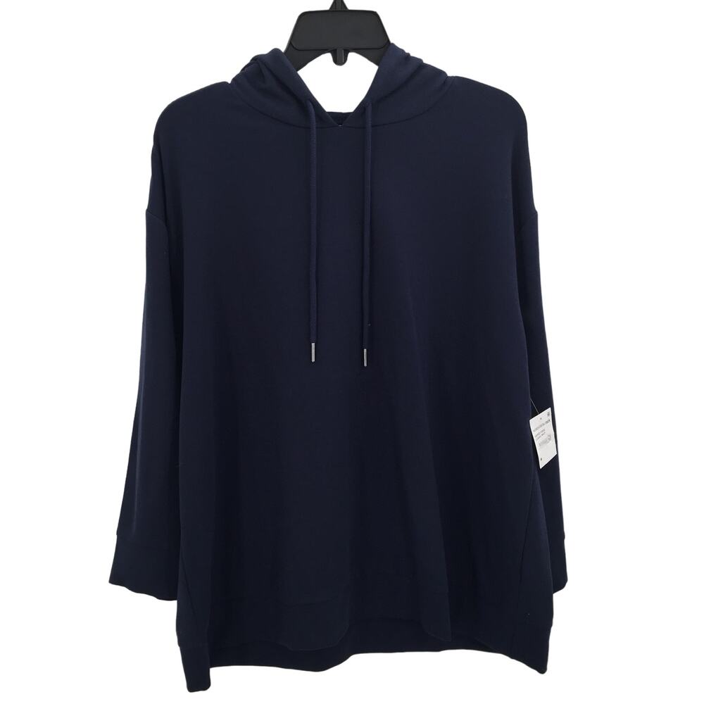 Halston Studio Pullover Hoodie Drawstring Long Sleeve Zip Up Navy Blue XS